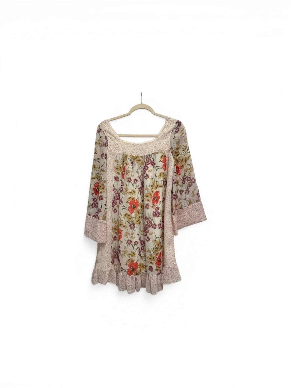 Floral Puff-Sleeve Ruffle Tunic - Cream with Coral and Purple Flowers